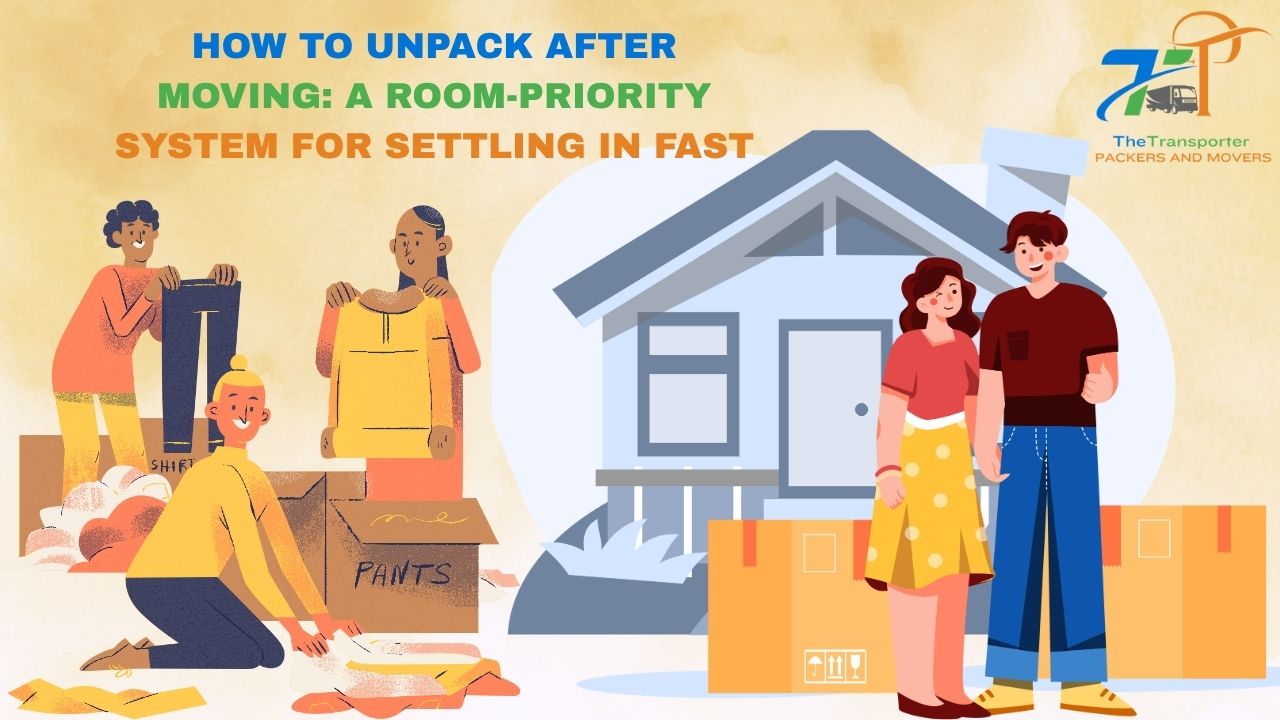 Person unpacking and organising boxes in a new home after house shifting in India