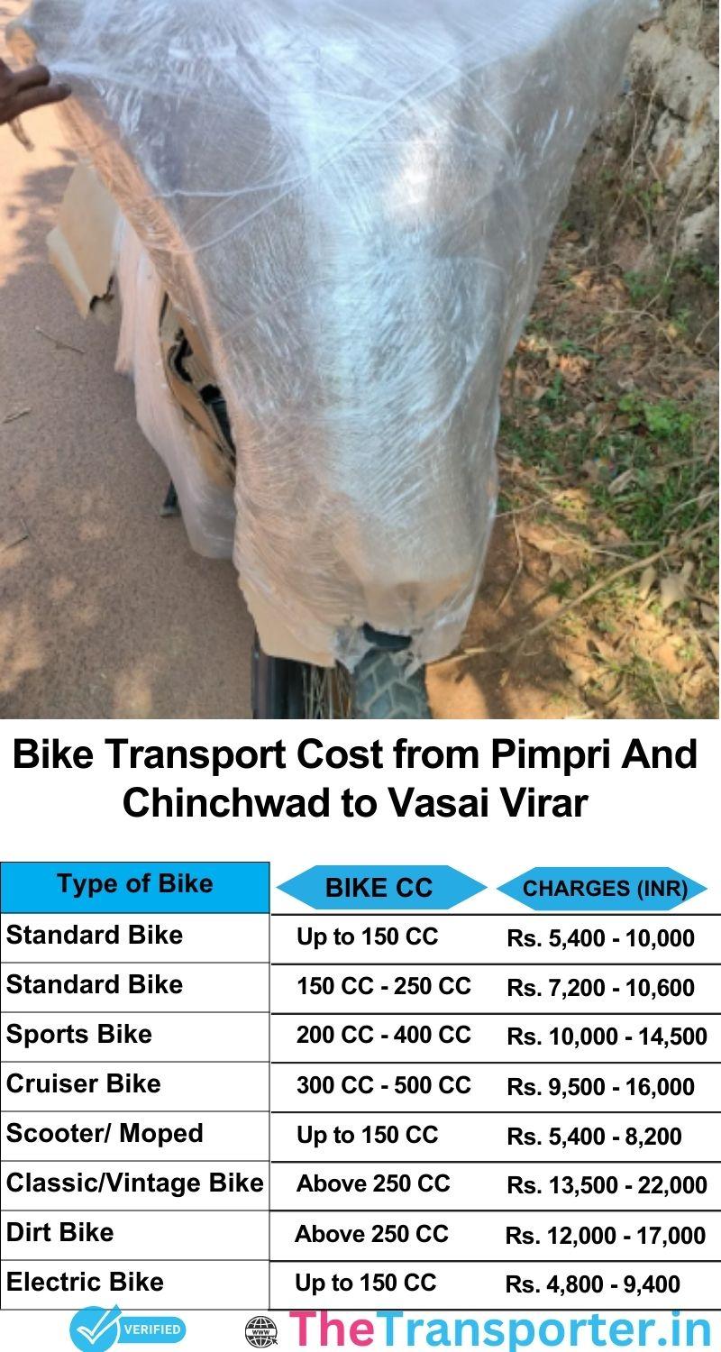 Pimpri and Chinchwad to Vasai-virar bike parcel cost list