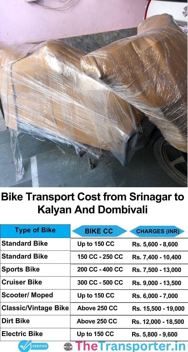 Srinagar to Kalyan and dombivali bike parcel cost list