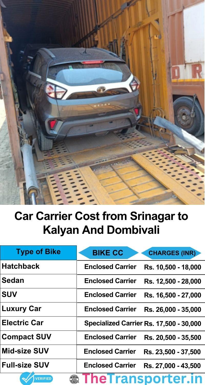 car transport rates list from Srinagar to Kalyan and dombivali