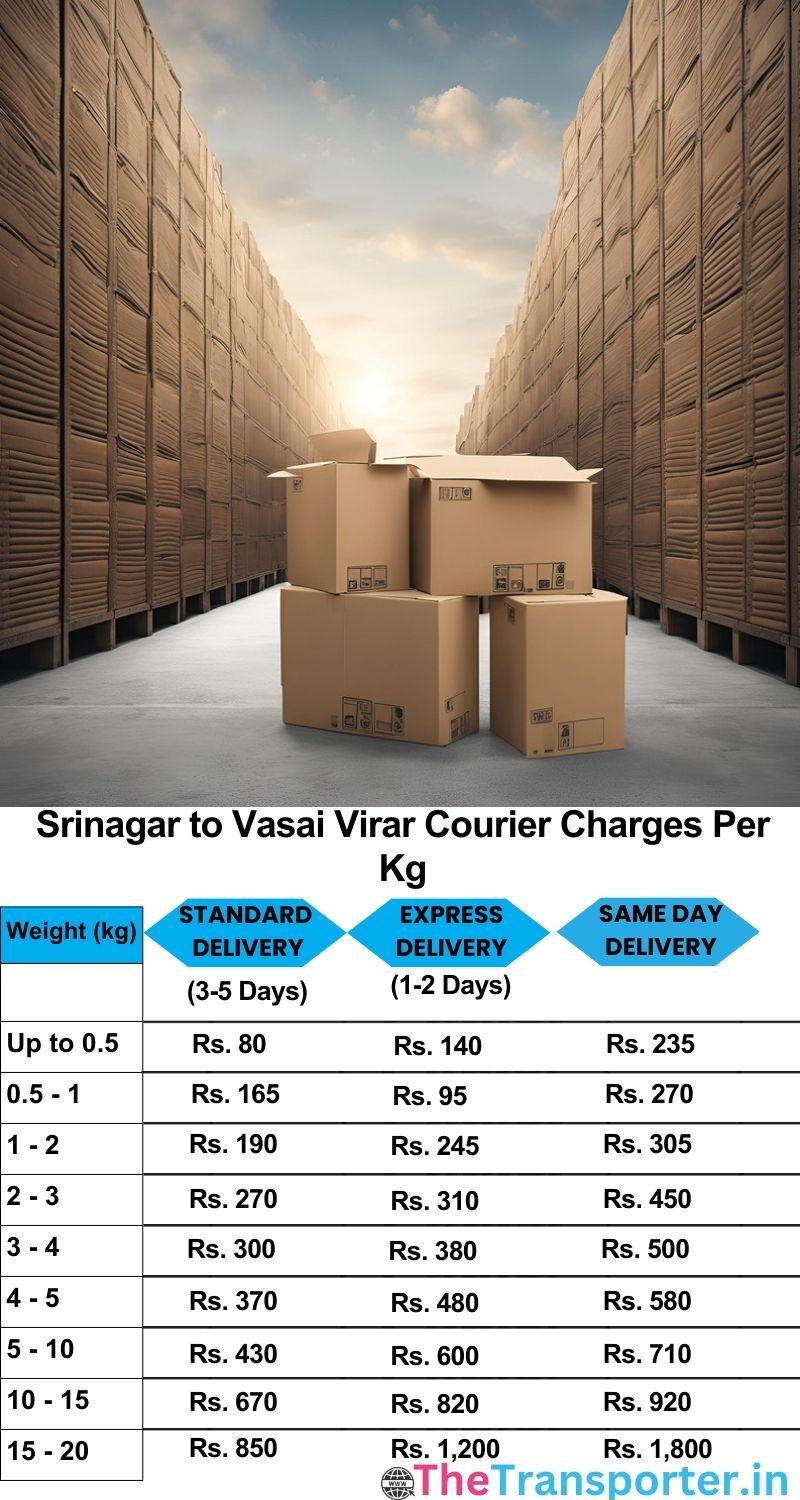 Srinagar to Vasai-virar courier charges per Kg list