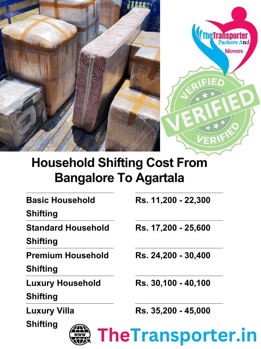 Bangalore to Agartala household moving cost list with shifting service details