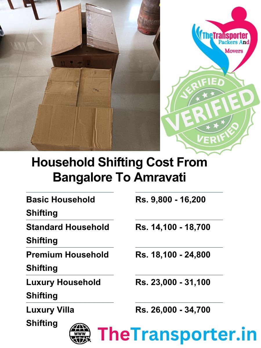Price list for household shifting from Bangalore to Amravati with room-wise breakup