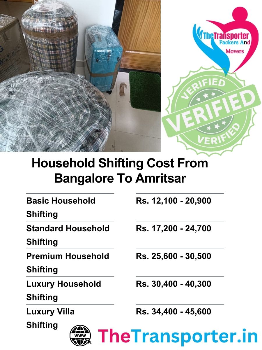 Bangalore to Amritsar home Moving with updated shifting charges