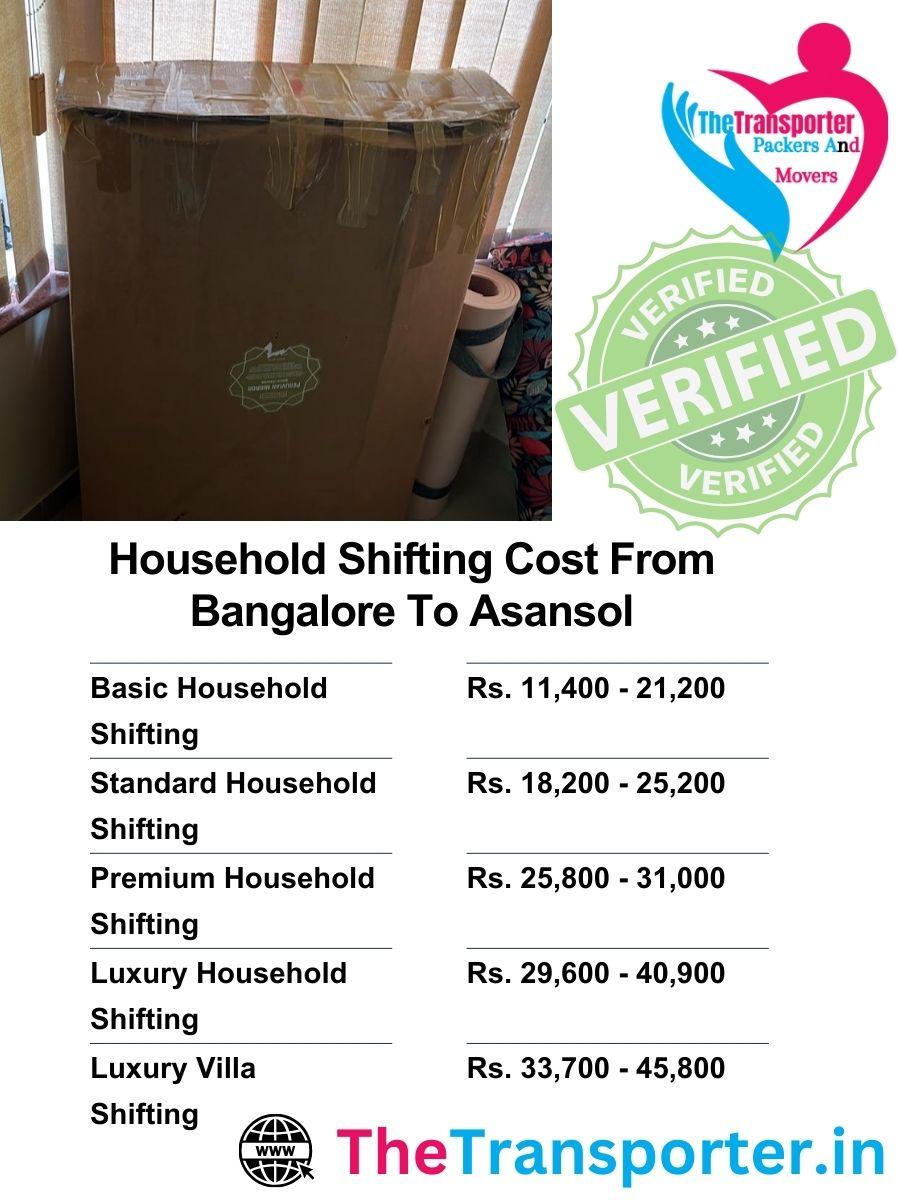 Bangalore to Asansol home shifting services chart with all Moving cost details