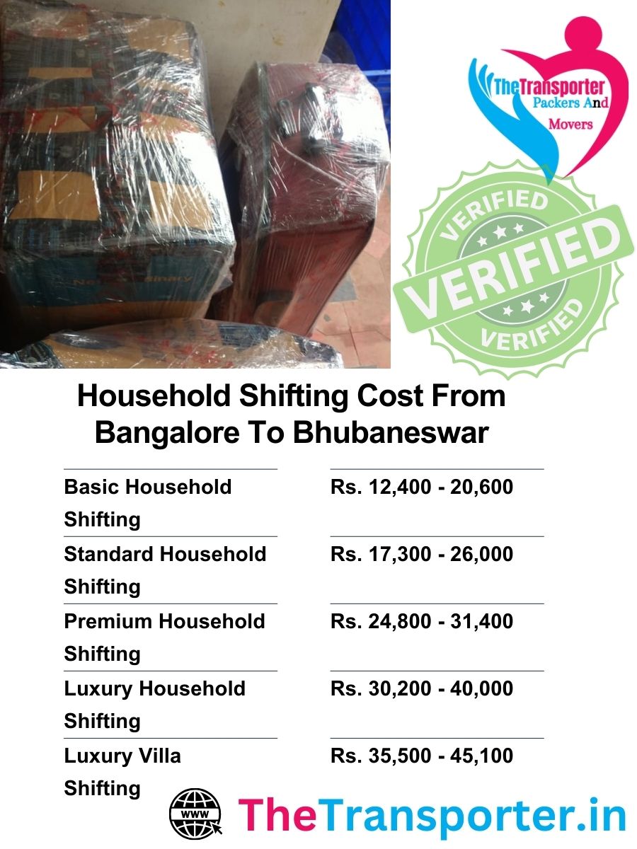 Household items Shifting rate list from Bangalore to Bhubaneswar
