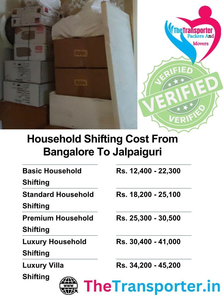 Bangalore to Jalpaiguri full household moving charges with packing and furniture costs