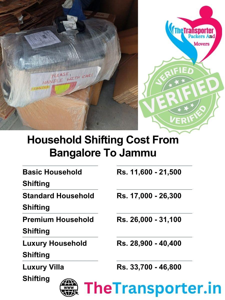 Household shifting services cost from Bangalore to Jammu with complete room-wise pricing