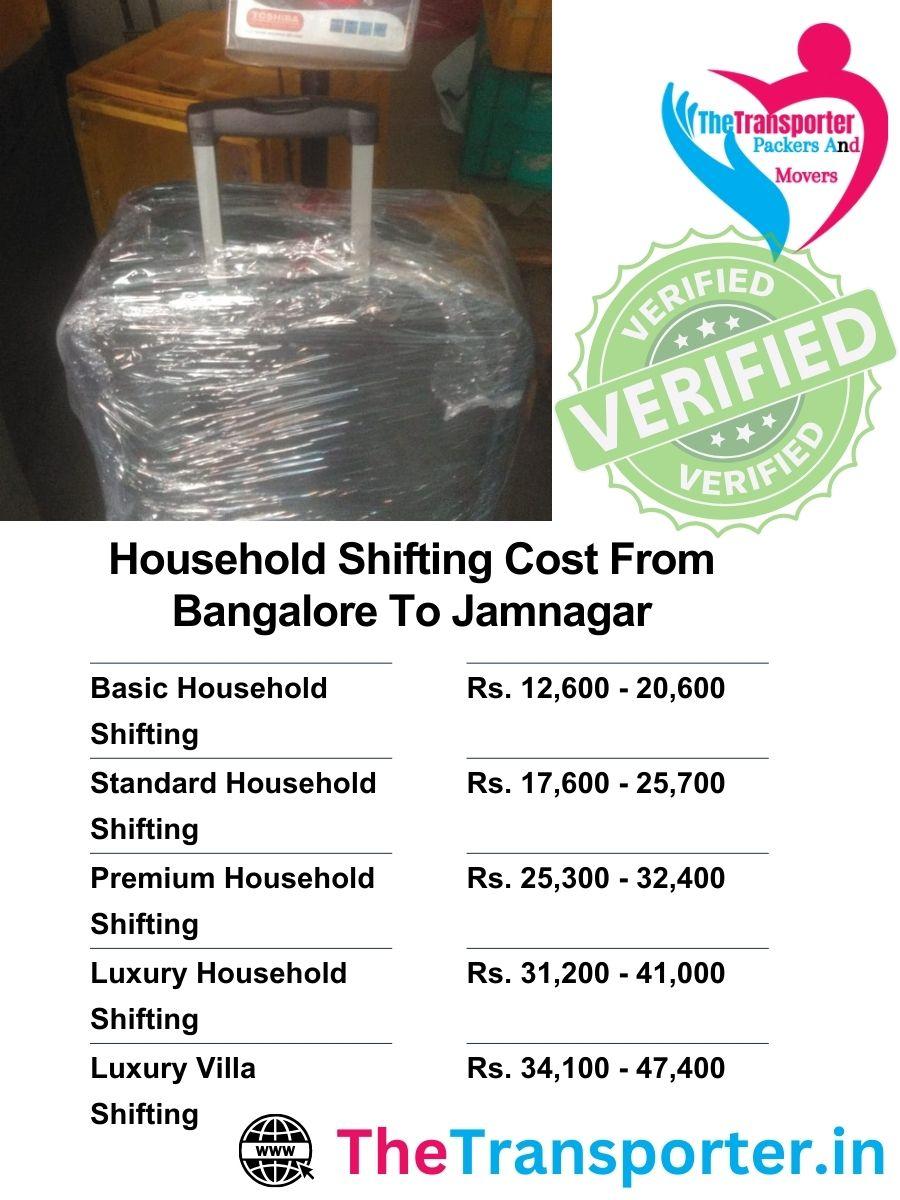 Bangalore to Jamnagar home moving charges list with item-based service breakdown