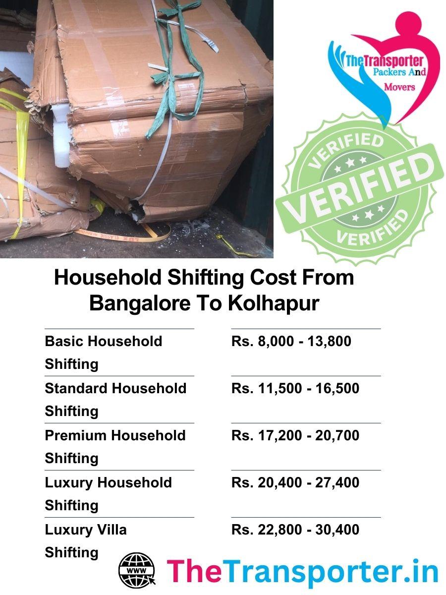 Bangalore to Kolhapur house shifting charges with all service categories listed