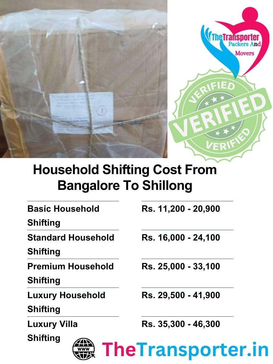 Household goods shifting services rate list from Bangalore to Shillong