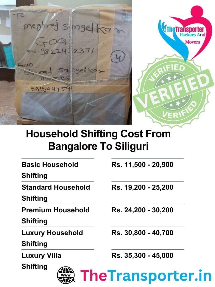 Bangalore to Siliguri home shifting charges with sorted service level pricing