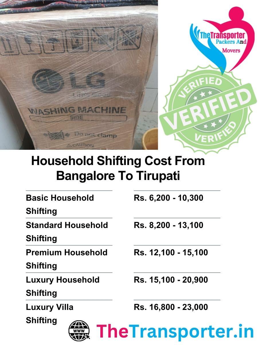 Household goods shifting rates from Bangalore to Tirupati with updated price details