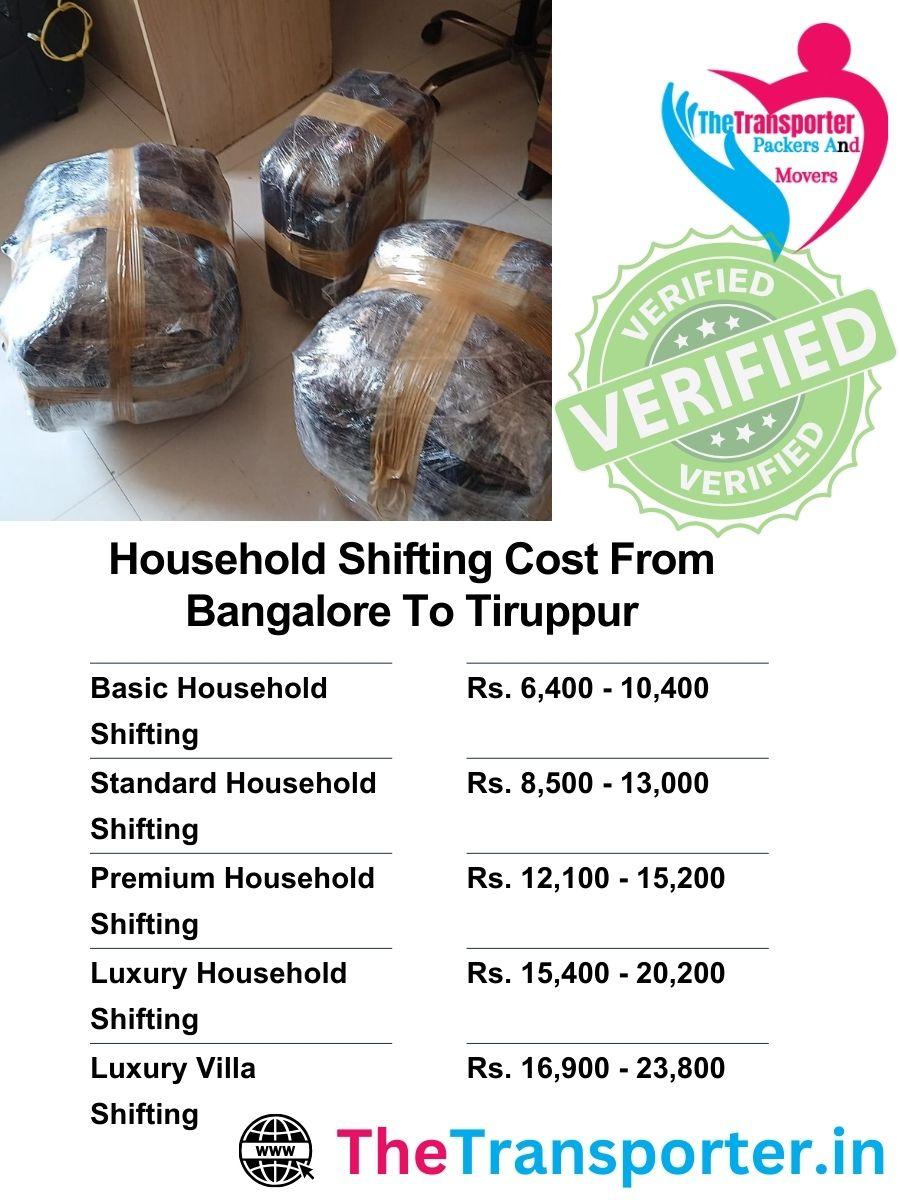 Complete household shifting charges list from Bangalore to Tiruppur