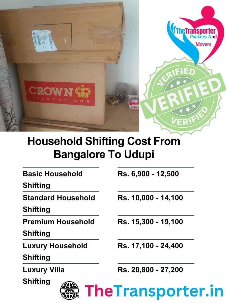 Detailed rate list for household goods move from Bangalore to Udupi