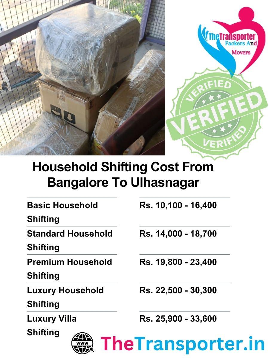 Household moving rates from Bangalore to Ulhasnagar with service charge overview