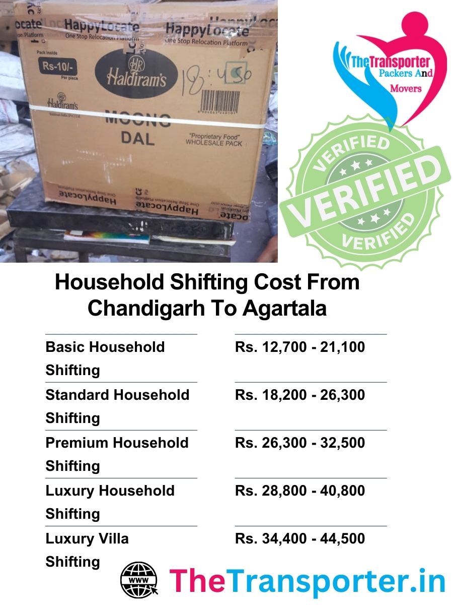 Household shifting charges from Chandigarh to Agartala with detailed price structure