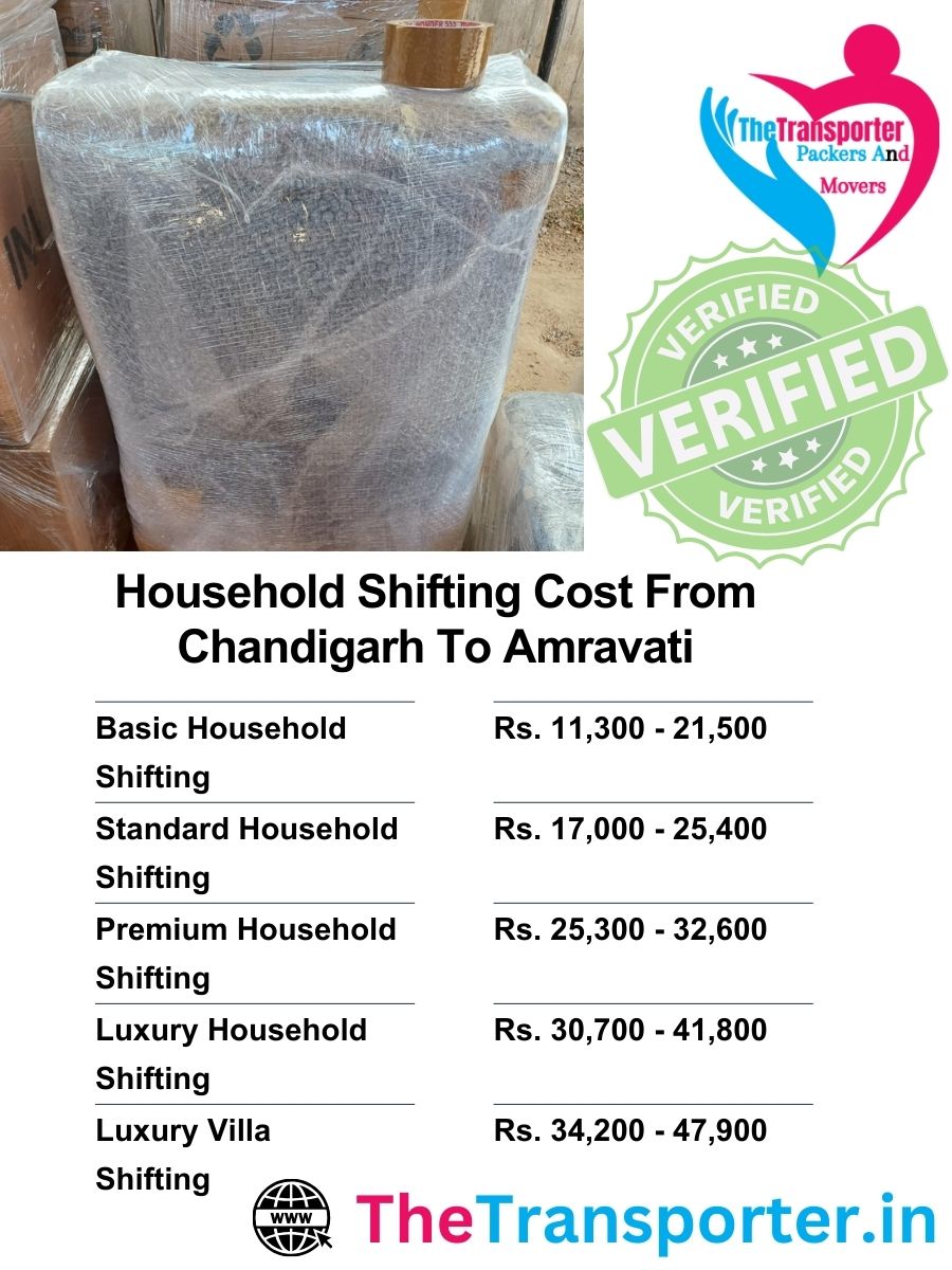 Household shifting rates from Chandigarh to Amravati with cost for each room type