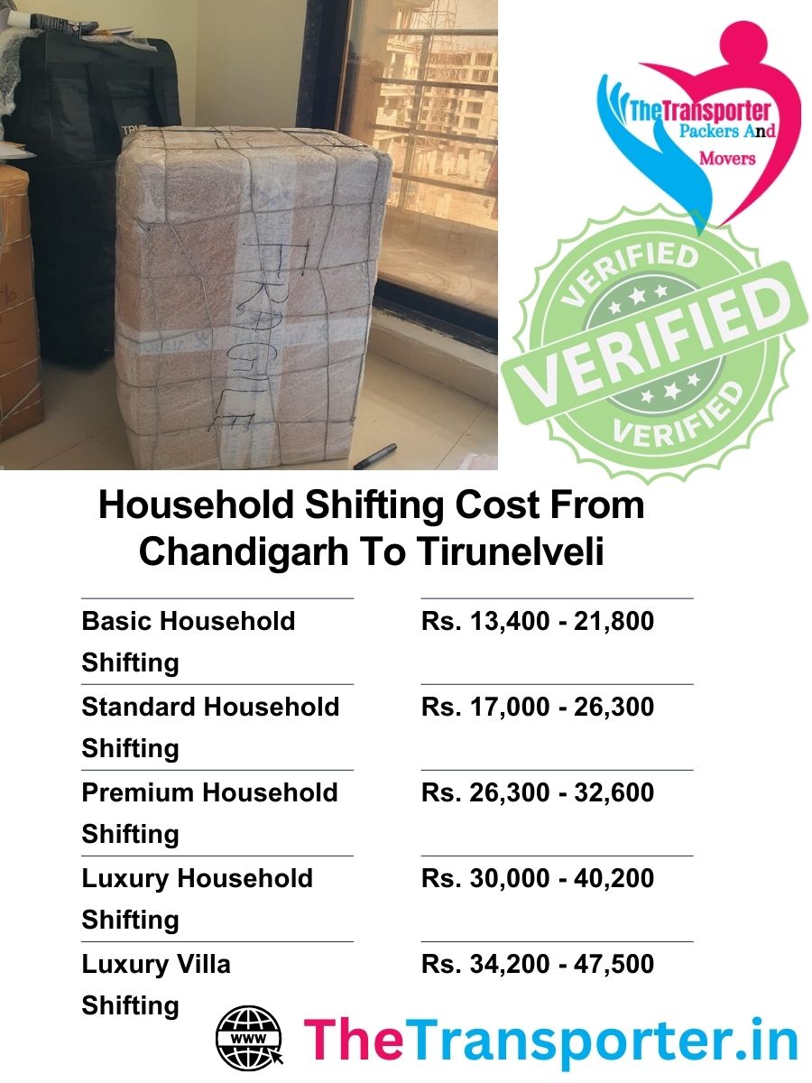 Chandigarh to Tirunelveli Moving services price chart including loading and setup