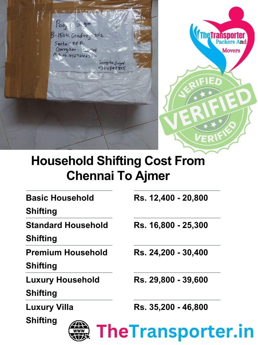 Chennai to Ajmer home shifting service pricing with detailed moving rate structure