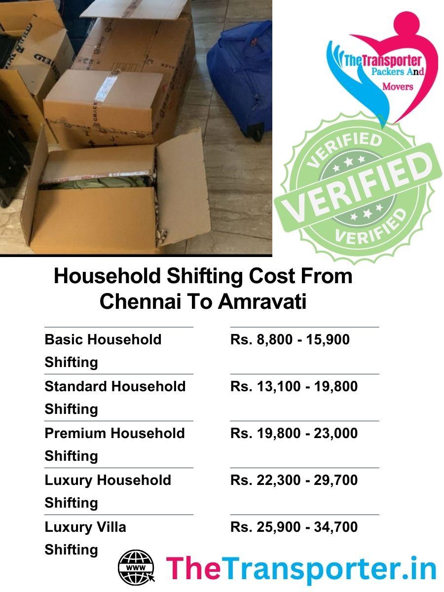 Moving charges list from Chennai to Amravati for household goods with room-wise division