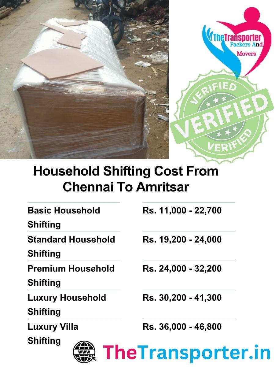 Chennai to Amritsar household moving cost with packing and loading info
