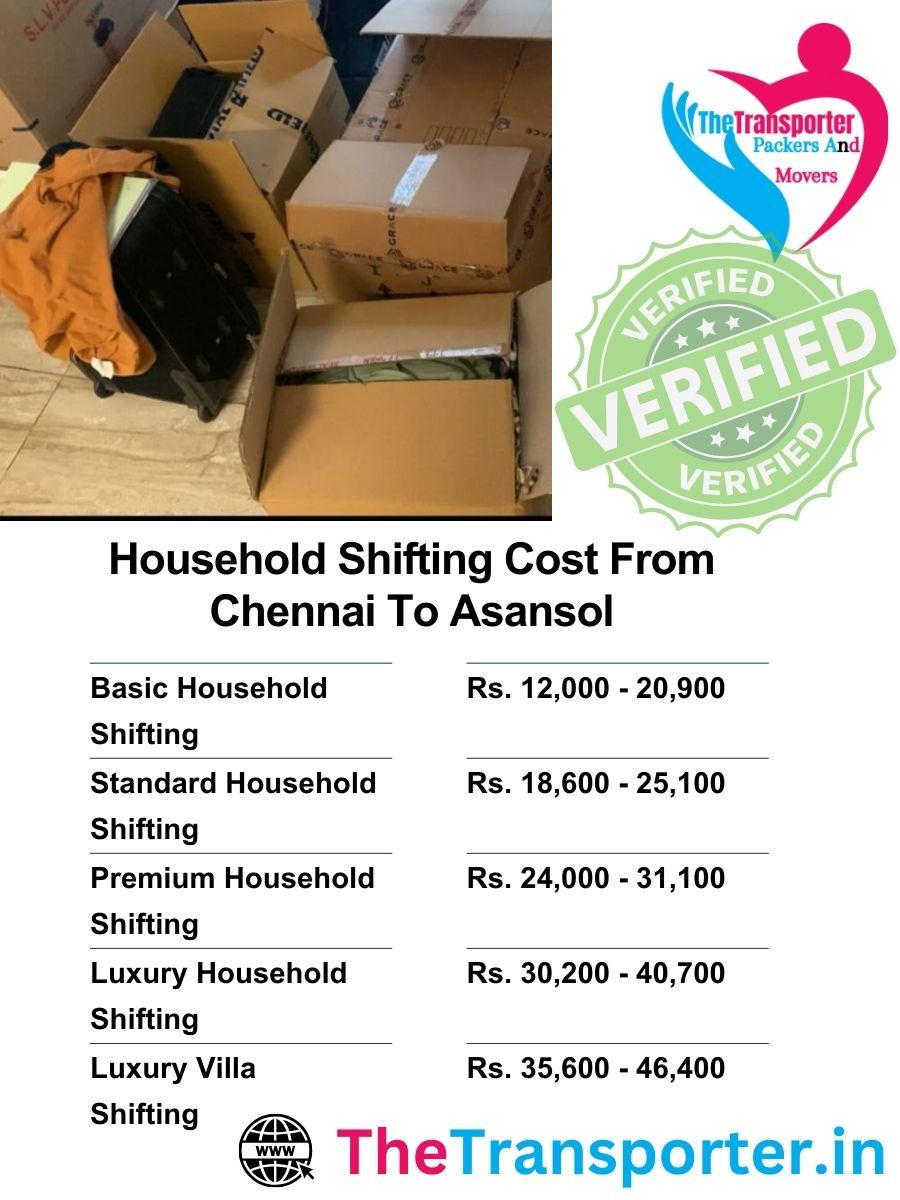 Chennai to Asansol household move cost chart covering all service categories