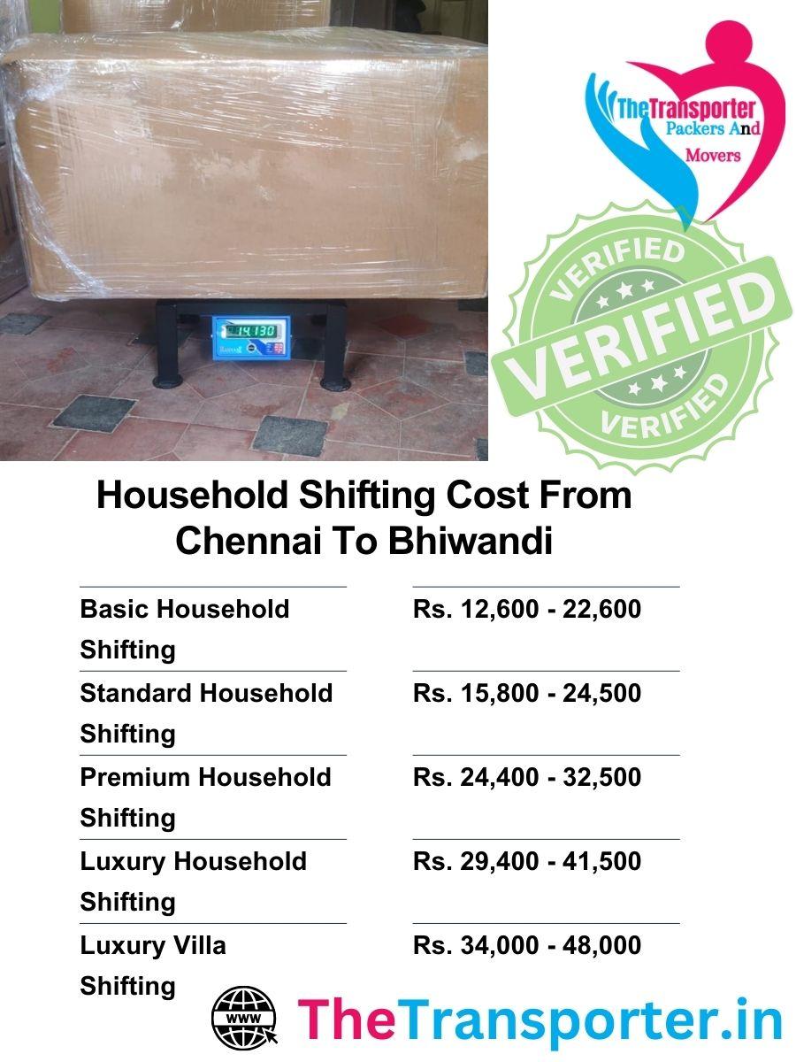 Home shifting charges from Chennai to Bhiwandi listed by truck size and service need