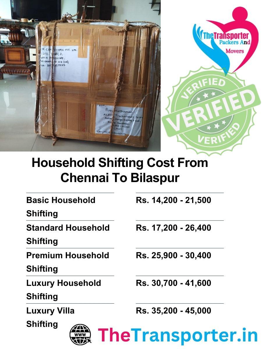 House moving charges Chennai to Bilaspur with labor, loading, and transport details
