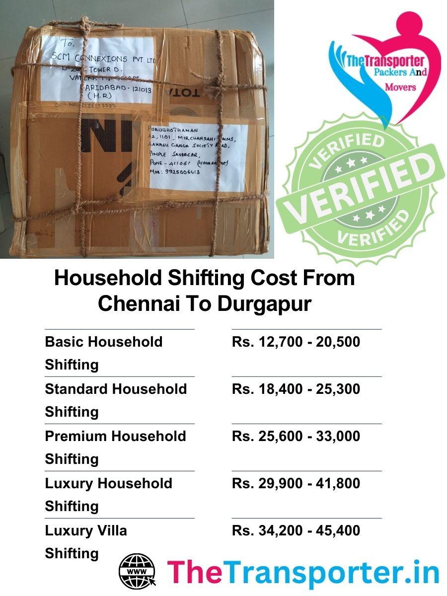 Full household moving estimate Chennai to Durgapur with price list by room