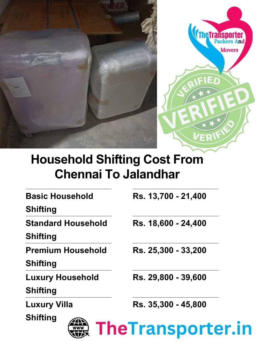 Chennai to Jalandhar moving service costs including room-based and full-house shifting options