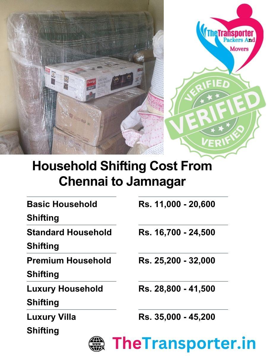 Household goods shifting charges Chennai to Jamnagar with transport and material charges