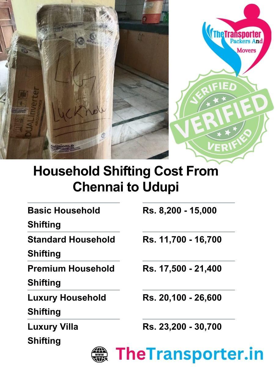 Chennai to Udupi home shifting charges with labor, transport, and setup service listed
