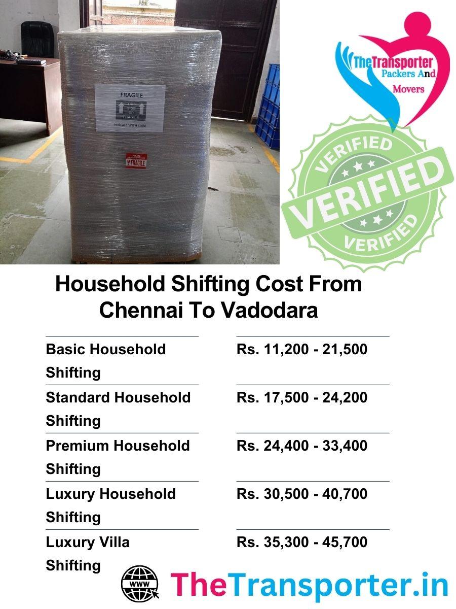 Chennai to Vadodara household shifting cost with price chart