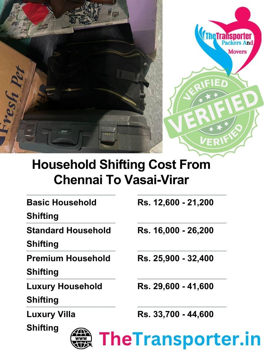 Chennai to Vasai Virar home moving price list with packing rates