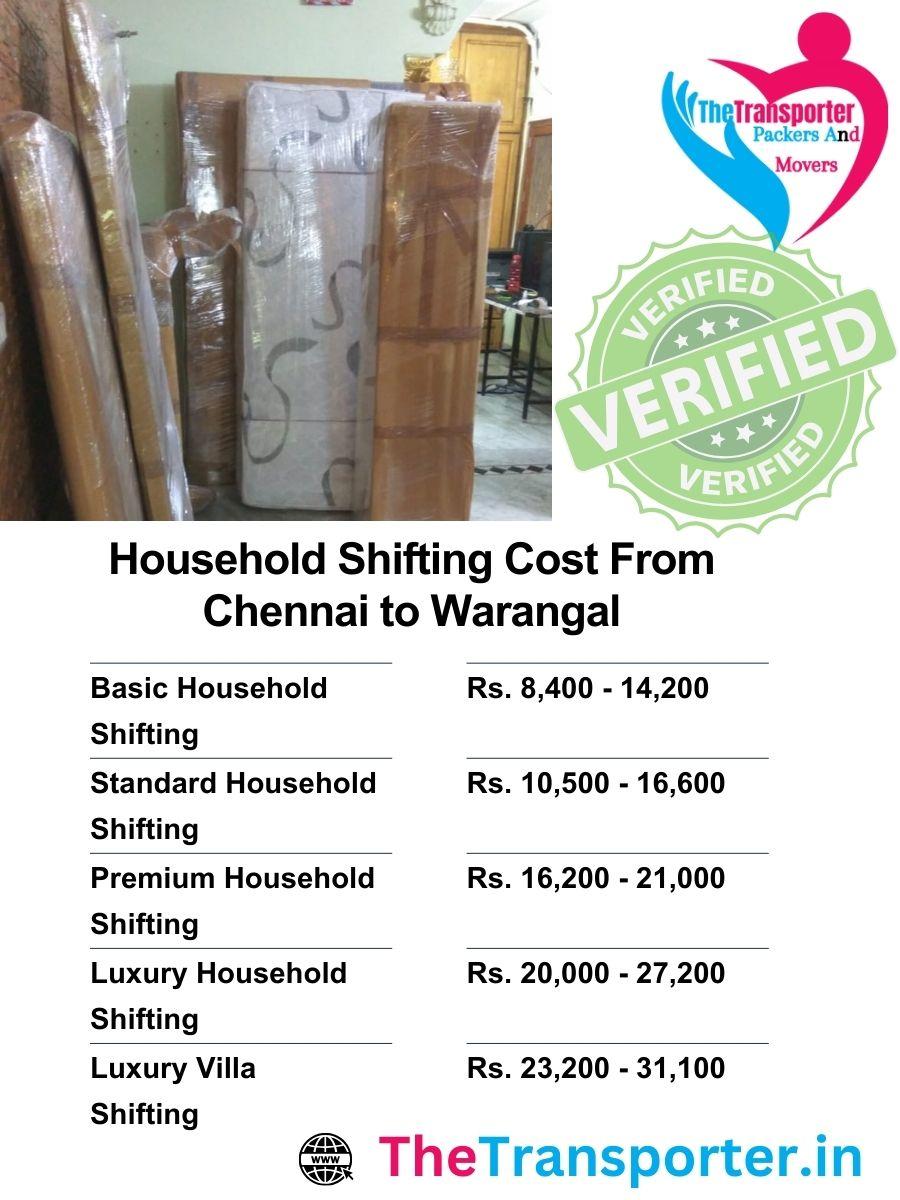 House shifting cost Chennai to Warangal with rate chart including packing and setup charges