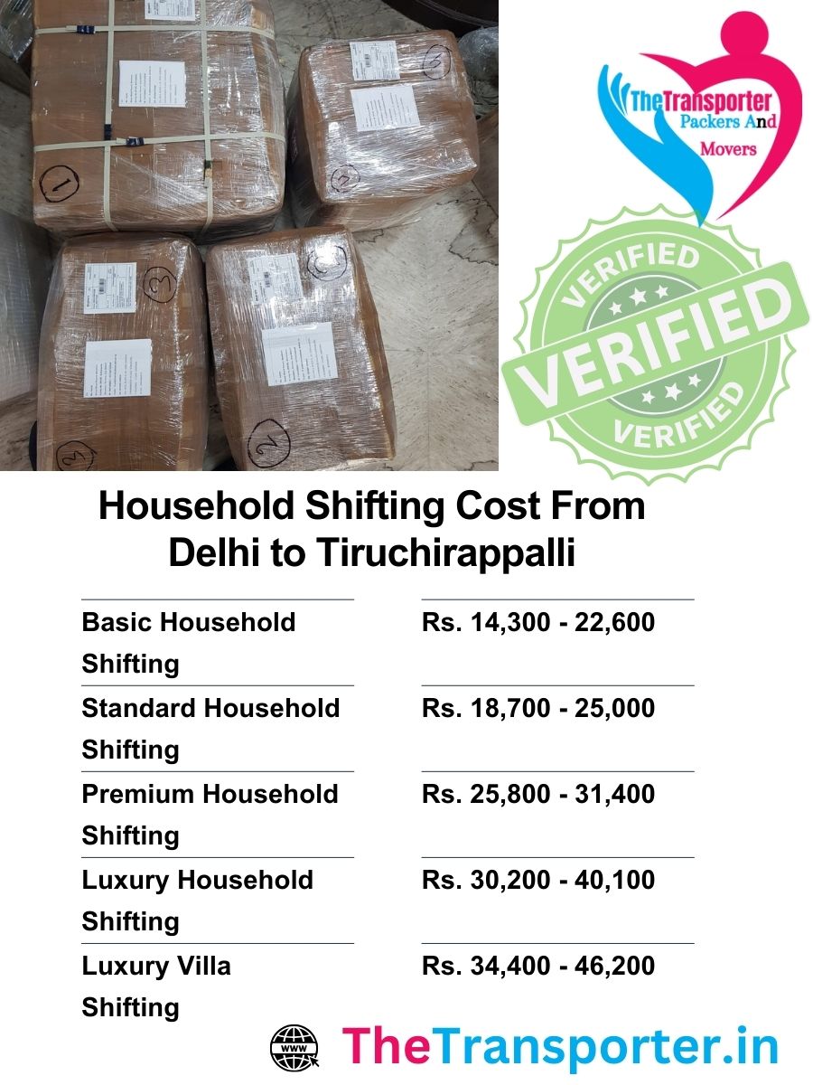 Home shifting charges chart Delhi to Tiruchirappalli showing services and distance-based fees