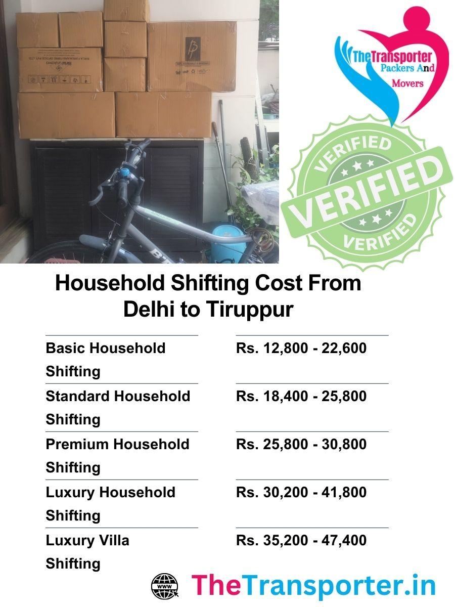 Shifting charges list Delhi to Tiruppur designed by number of rooms and extra services included