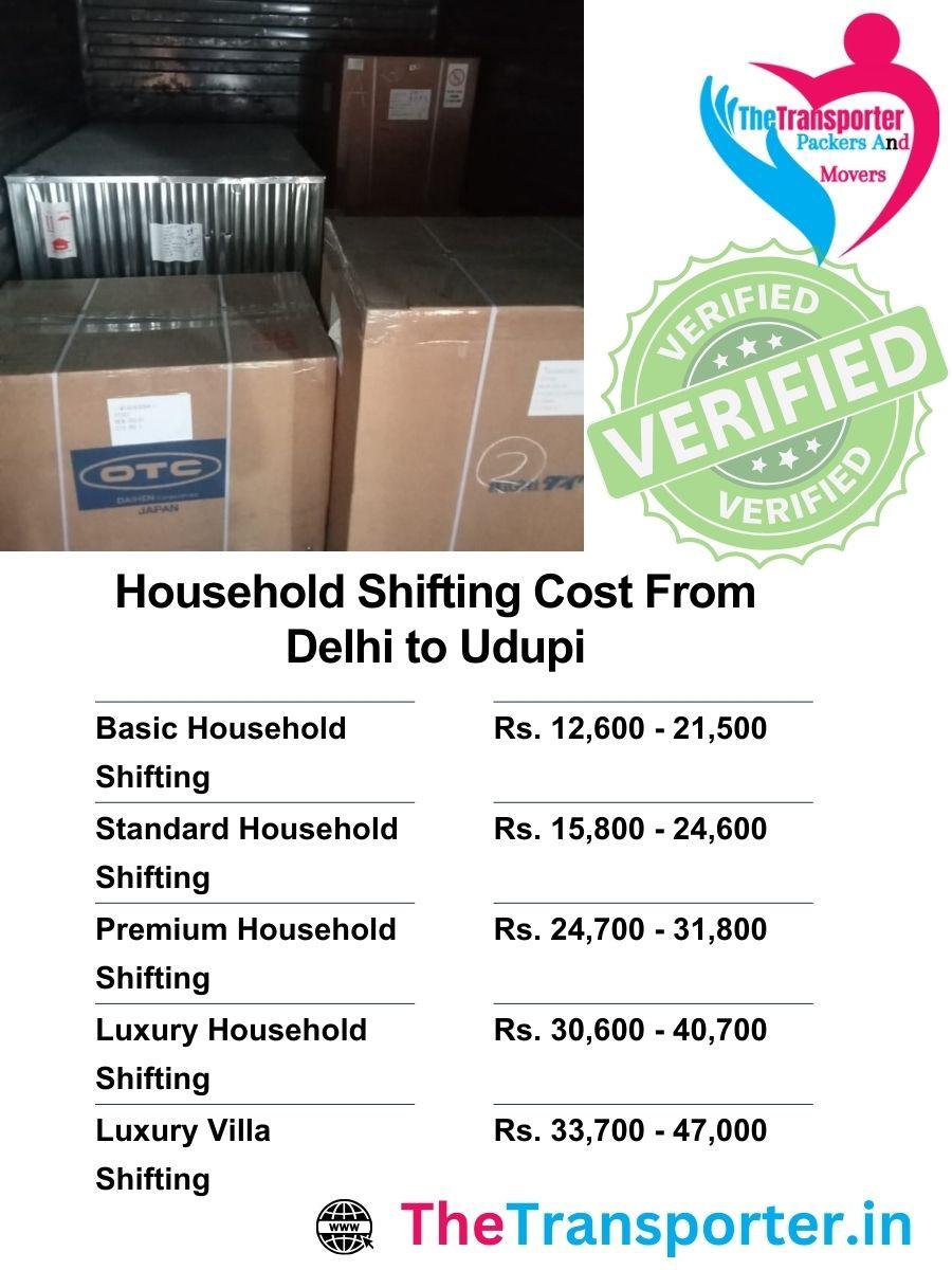 Household shifting service rates Delhi to Udupi with structured details on each included task