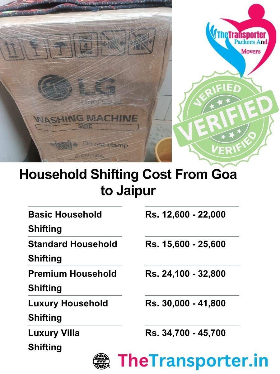 Detailed house move price chart from Goa to Jaipur