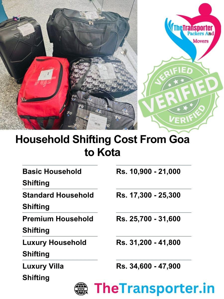Household Moving charges list from Goa to Kota with service details