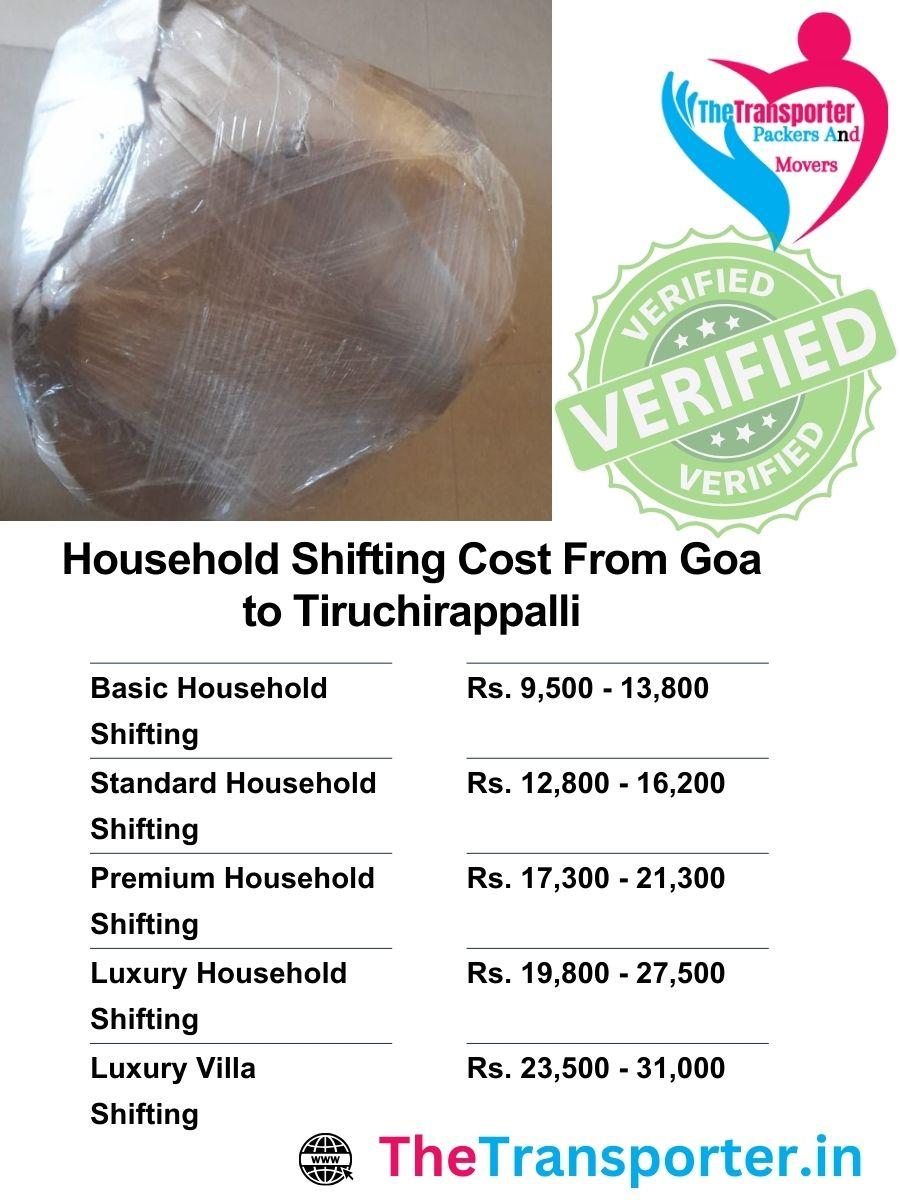 Goa to Tiruchirappalli shifting charges planned by number of rooms and material type