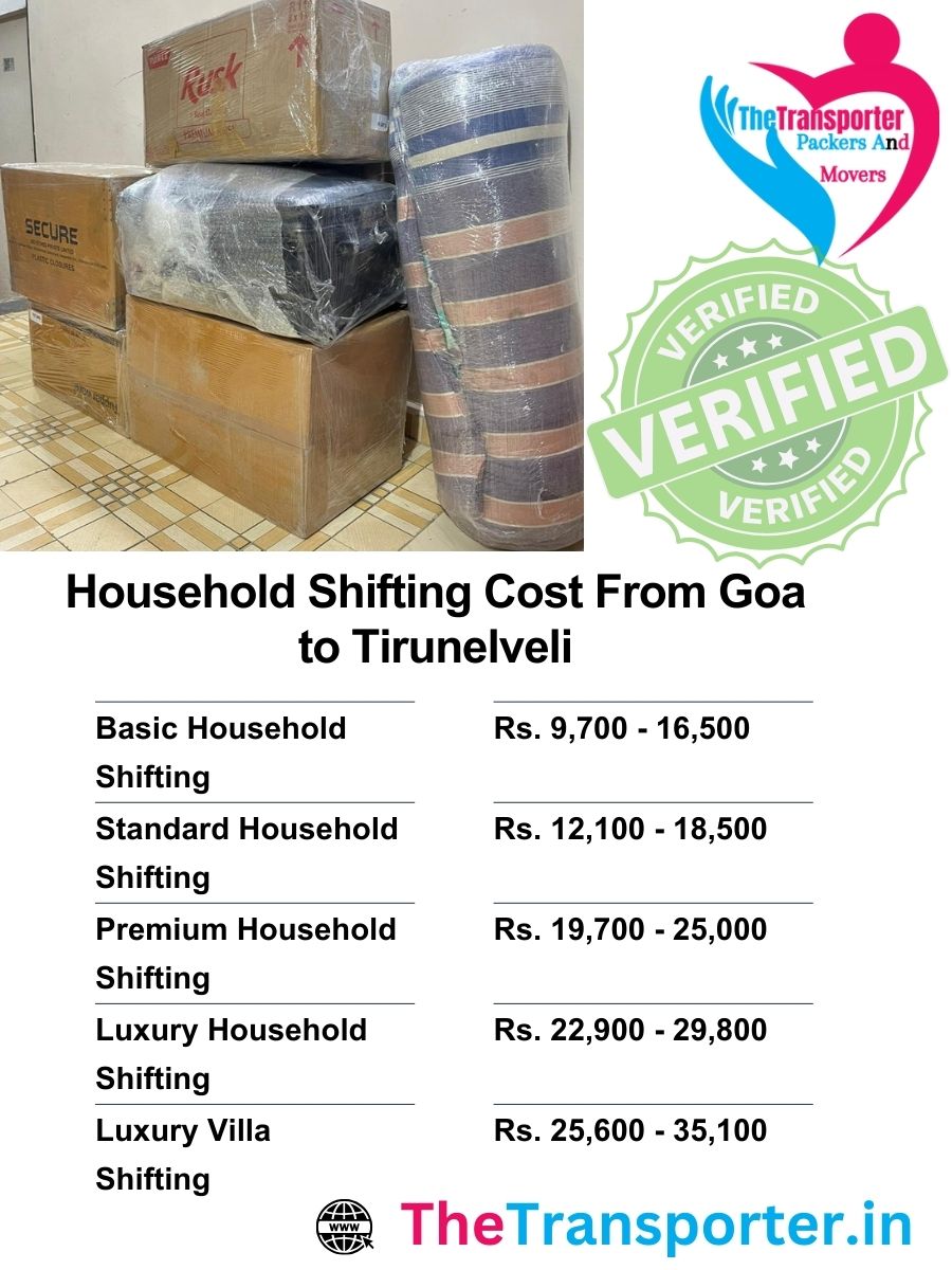 Goa to Tirunelveli Moving price chart with service time slots and package options