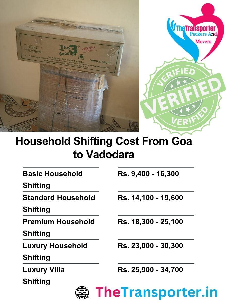 Home Moving detailed price list from Goa to Vadodara