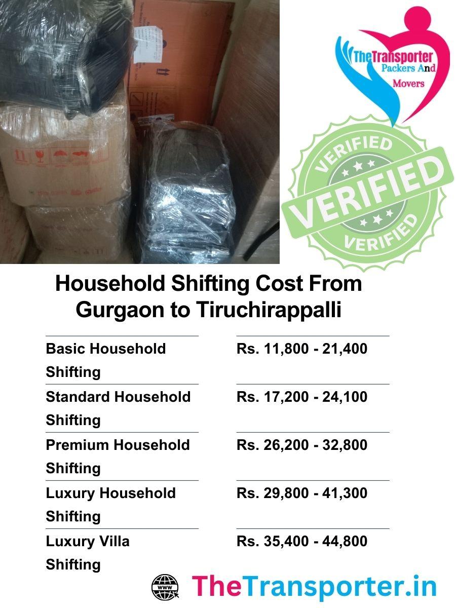 Gurgaon to Tiruchirappalli household shifting fees arranged by usage space and service clusters