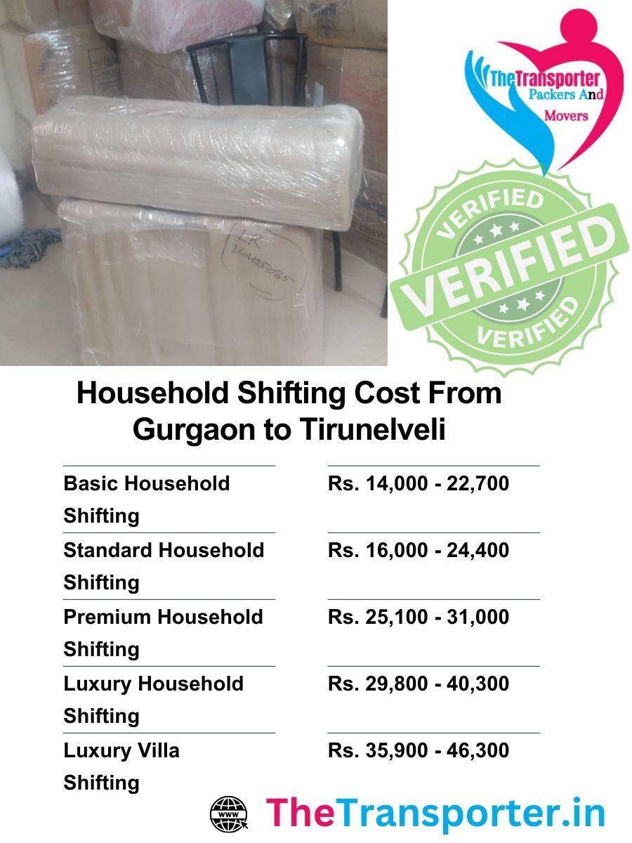 Shifting estimate Gurgaon to Tirunelveli combining service days, room division, and transport