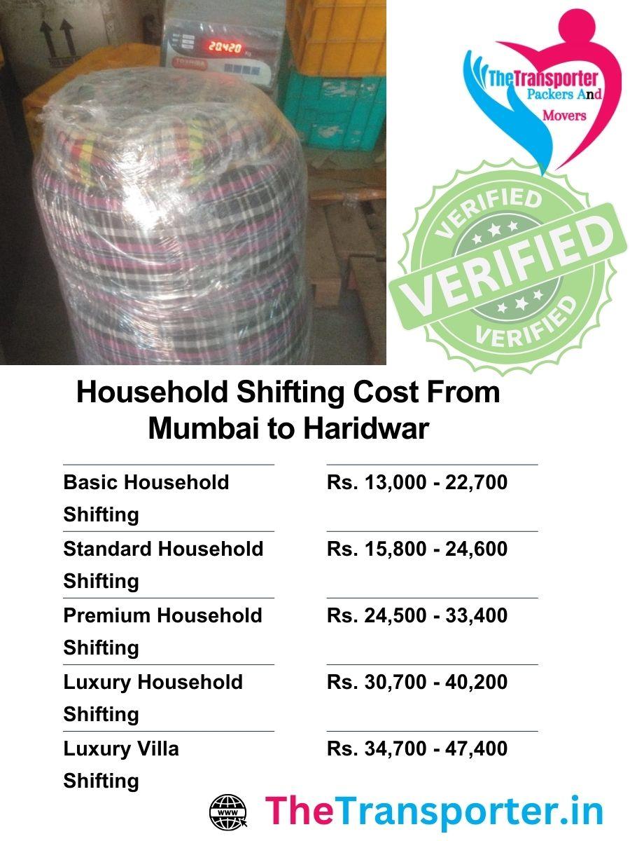 Household shifting service charges from Mumbai to Haridwar with door-to-door support