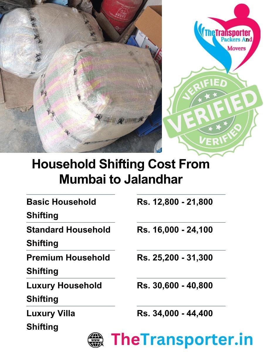 Pricing list for Mumbai to Jalandhar household moving includes load amount and service hours