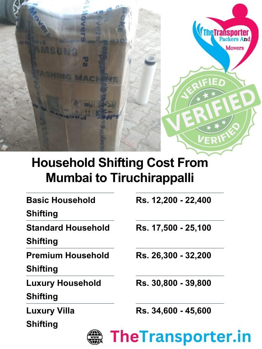 Home move cost from Mumbai to Tiruchirappalli includes service tier and helper quantity