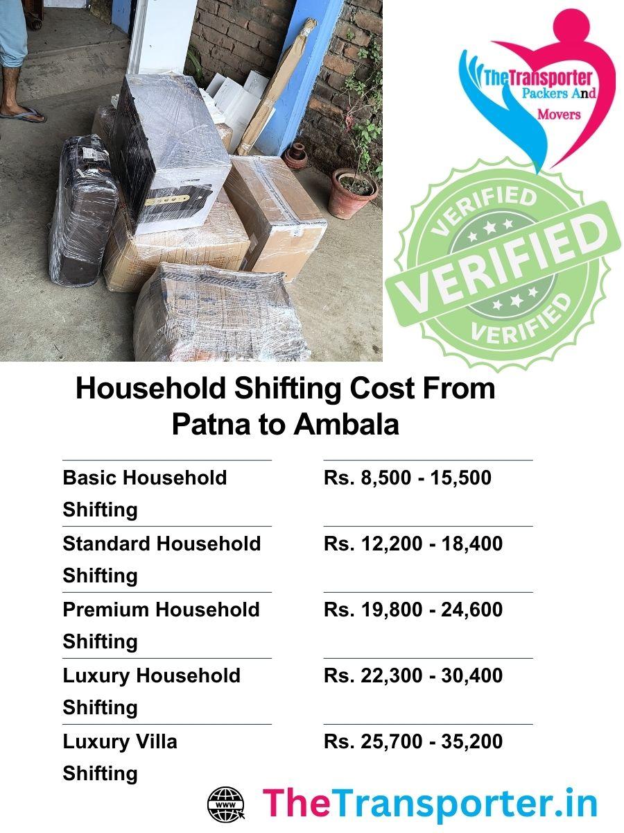 Household shifting services rates list from Patna to Ambala